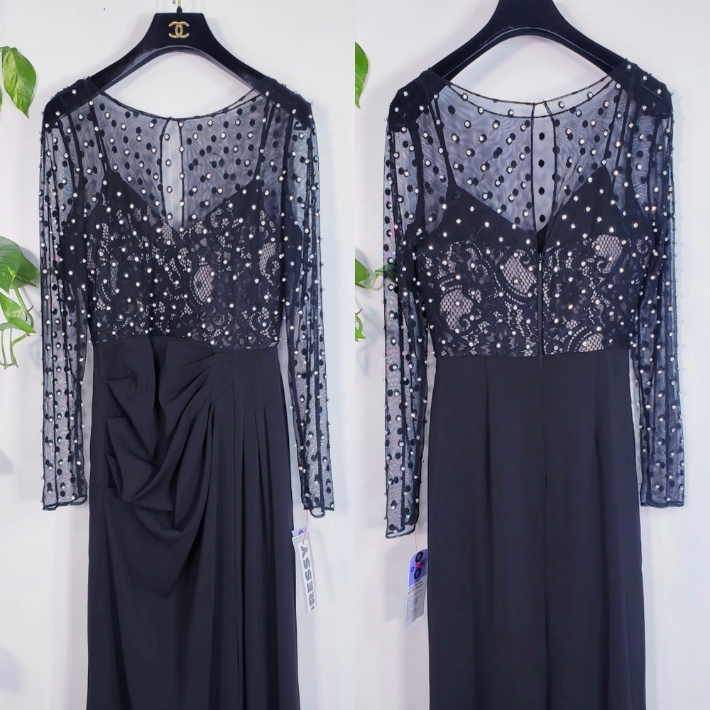 $1,190 NWT BADGLEY MISCHKA Women Black Maxi Long Dress 0 XS Sparkle Ruched Sheer - Picture 6 of 12